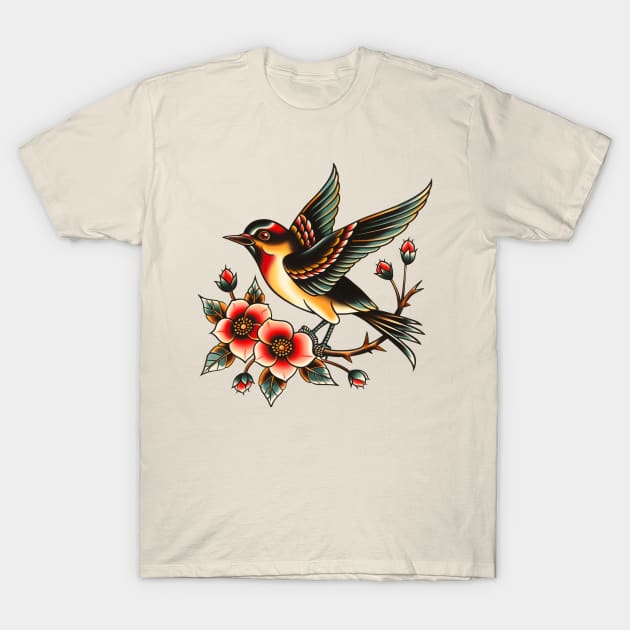 Vintage Flash Tattoo Sparrow Bird T-Shirt by AI Art Originals